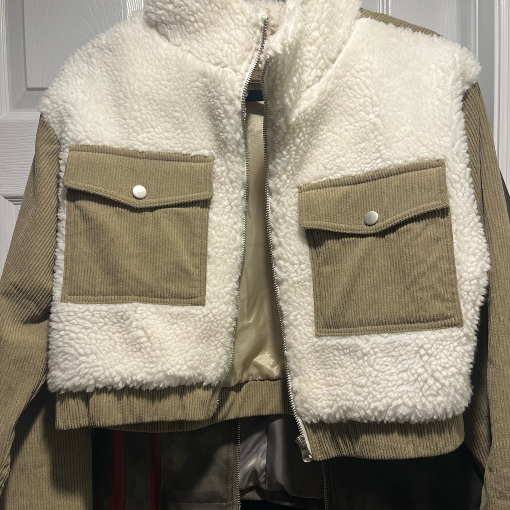 Women's Tan and White Bomber Jacket